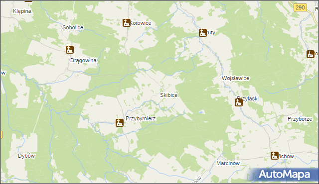 mapa Skibice gmina Nowogród Bobrzański, Skibice gmina Nowogród Bobrzański na mapie Targeo