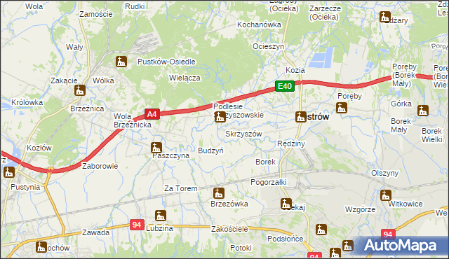 mapa Skrzyszów gmina Ostrów, Skrzyszów gmina Ostrów na mapie Targeo