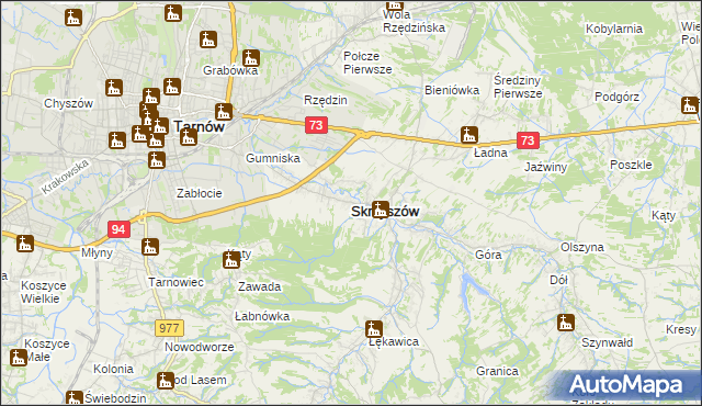 mapa Skrzyszów powiat tarnowski, Skrzyszów powiat tarnowski na mapie Targeo