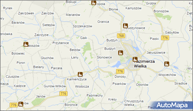 mapa Słonowice gmina Kazimierza Wielka, Słonowice gmina Kazimierza Wielka na mapie Targeo