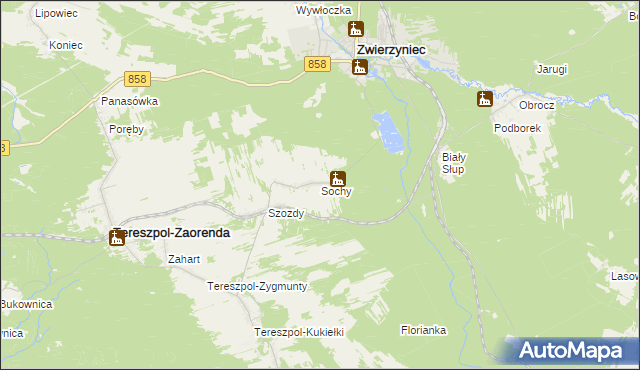 mapa Sochy gmina Zwierzyniec, Sochy gmina Zwierzyniec na mapie Targeo