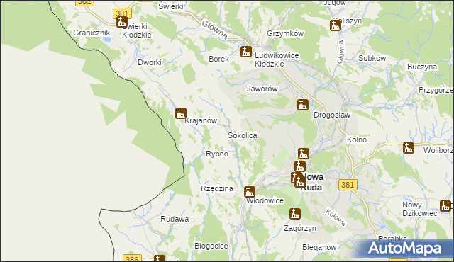 mapa Sokolica gmina Nowa Ruda, Sokolica gmina Nowa Ruda na mapie Targeo