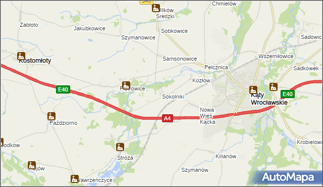 mapa Sokolniki gmina Kąty Wrocławskie, Sokolniki gmina Kąty Wrocławskie na mapie Targeo