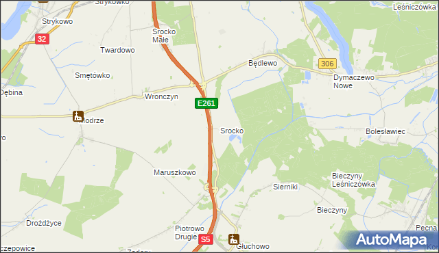 mapa Srocko gmina Stęszew, Srocko gmina Stęszew na mapie Targeo