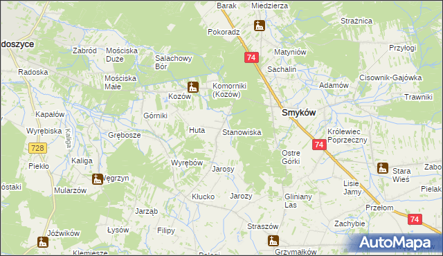 mapa Stanowiska gmina Smyków, Stanowiska gmina Smyków na mapie Targeo