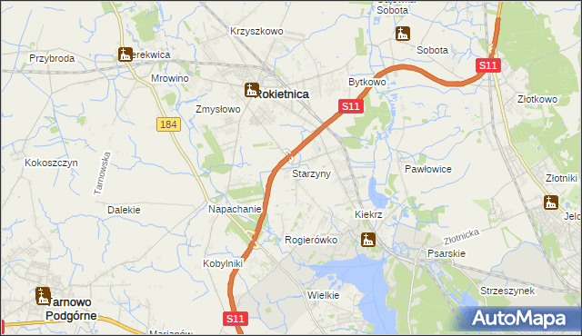 mapa Starzyny gmina Rokietnica, Starzyny gmina Rokietnica na mapie Targeo