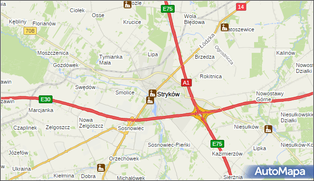 mapa Stryków powiat zgierski, Stryków powiat zgierski na mapie Targeo