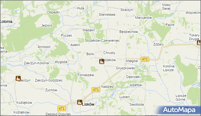 mapa Strzałków gmina Lisków, Strzałków gmina Lisków na mapie Targeo