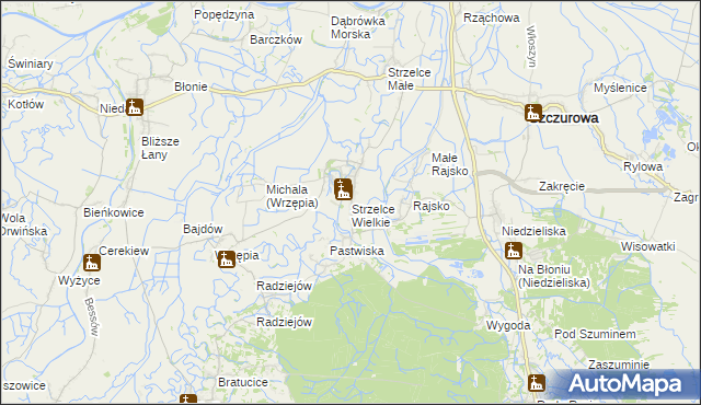 mapa Strzelce Wielkie gmina Szczurowa, Strzelce Wielkie gmina Szczurowa na mapie Targeo