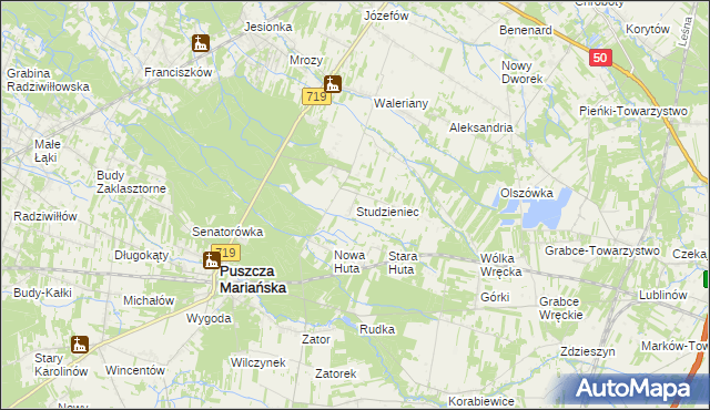 mapa Studzieniec gmina Puszcza Mariańska, Studzieniec gmina Puszcza Mariańska na mapie Targeo