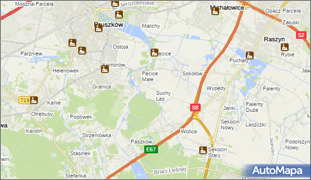 mapa Suchy Las gmina Michałowice, Suchy Las gmina Michałowice na mapie Targeo