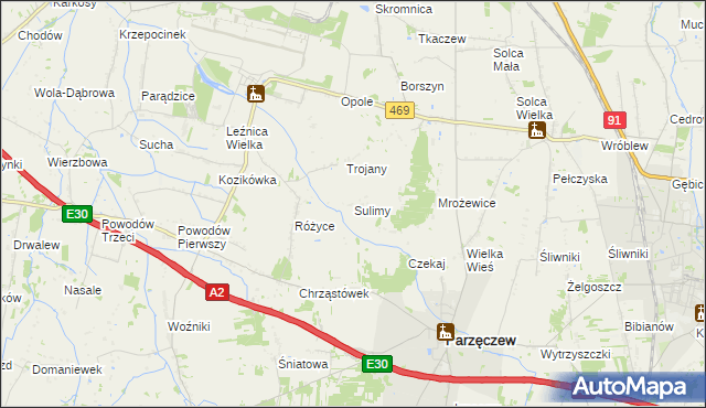 mapa Sulimy gmina Parzęczew, Sulimy gmina Parzęczew na mapie Targeo