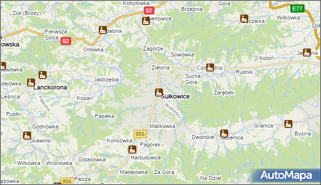 mapa Sułkowice powiat myślenicki, Sułkowice powiat myślenicki na mapie Targeo