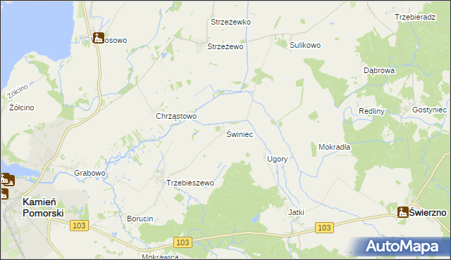 mapa Świniec gmina Kamień Pomorski, Świniec gmina Kamień Pomorski na mapie Targeo