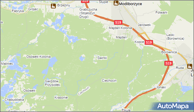 mapa Świnki gmina Modliborzyce, Świnki gmina Modliborzyce na mapie Targeo