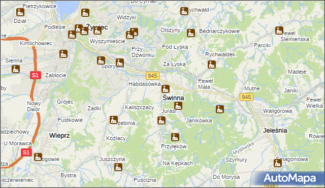 mapa Świnna powiat żywiecki, Świnna powiat żywiecki na mapie Targeo