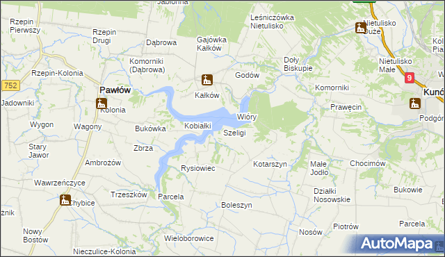 mapa Szeligi gmina Pawłów, Szeligi gmina Pawłów na mapie Targeo