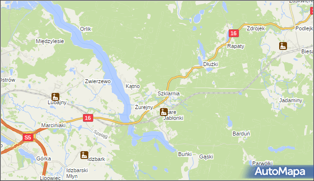 mapa Szklarnia gmina Ostróda, Szklarnia gmina Ostróda na mapie Targeo