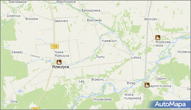 mapa Tłumy gmina Rzeczyca, Tłumy gmina Rzeczyca na mapie Targeo