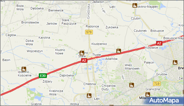 mapa Tłuste gmina Grodzisk Mazowiecki, Tłuste gmina Grodzisk Mazowiecki na mapie Targeo