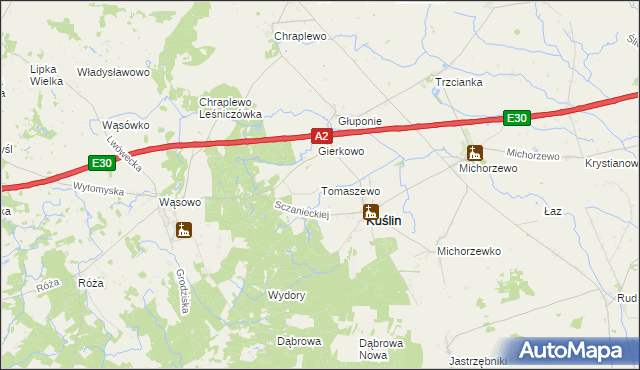 mapa Tomaszewo gmina Kuślin, Tomaszewo gmina Kuślin na mapie Targeo