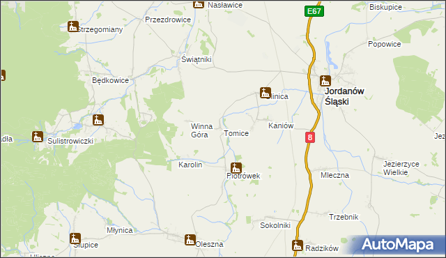 mapa Tomice gmina Jordanów Śląski, Tomice gmina Jordanów Śląski na mapie Targeo