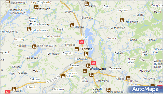 mapa Tomice powiat wadowicki, Tomice powiat wadowicki na mapie Targeo