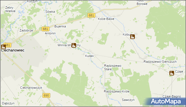 mapa Trzaski gmina Ciechanowiec, Trzaski gmina Ciechanowiec na mapie Targeo