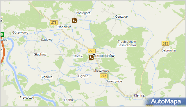 mapa Trzebiechów powiat zielonogórski, Trzebiechów powiat zielonogórski na mapie Targeo