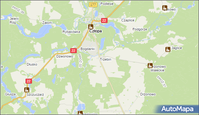 mapa Trzebin gmina Człopa, Trzebin gmina Człopa na mapie Targeo