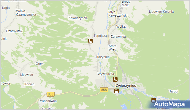 mapa Turzyniec gmina Zwierzyniec, Turzyniec gmina Zwierzyniec na mapie Targeo