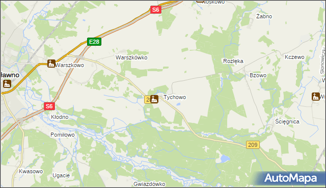 mapa Tychowo gmina Sławno, Tychowo gmina Sławno na mapie Targeo