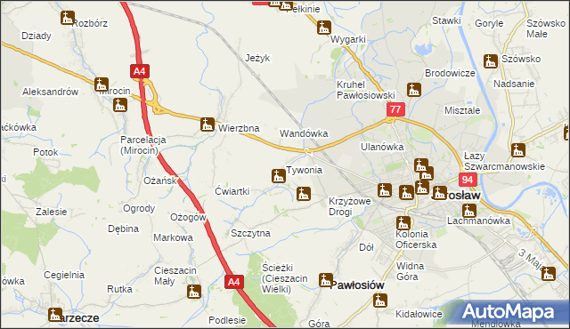 mapa Tywonia, Tywonia na mapie Targeo