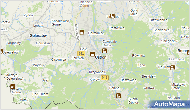 mapa Ustroń powiat cieszyński, Ustroń powiat cieszyński na mapie Targeo