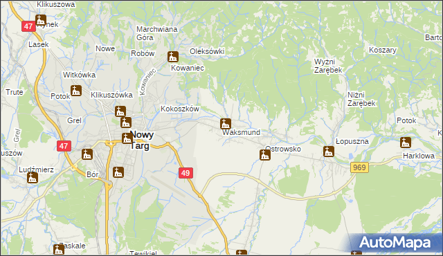 mapa Waksmund, Waksmund na mapie Targeo