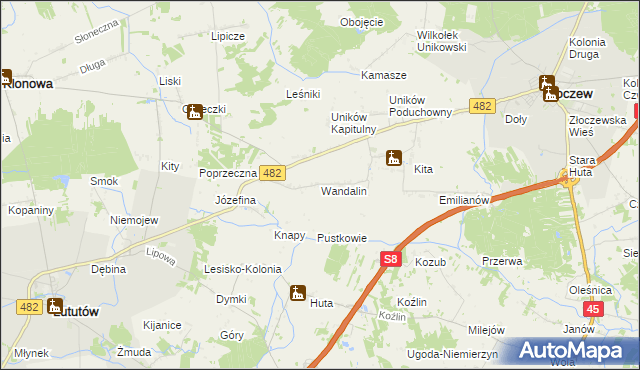 mapa Wandalin gmina Złoczew, Wandalin gmina Złoczew na mapie Targeo