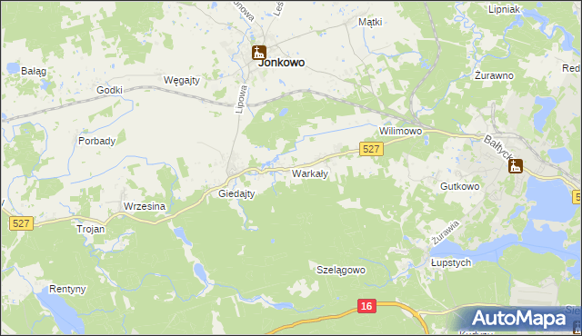 mapa Warkały gmina Jonkowo, Warkały gmina Jonkowo na mapie Targeo