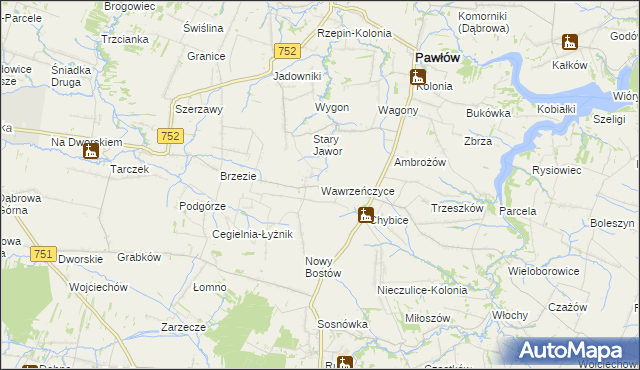 mapa Wawrzeńczyce gmina Pawłów, Wawrzeńczyce gmina Pawłów na mapie Targeo