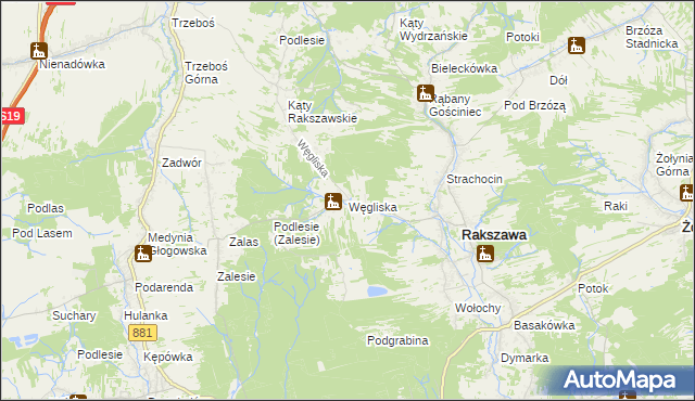 mapa Węgliska gmina Rakszawa, Węgliska gmina Rakszawa na mapie Targeo