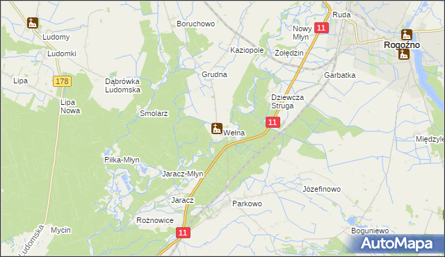 mapa Wełna gmina Rogoźno, Wełna gmina Rogoźno na mapie Targeo