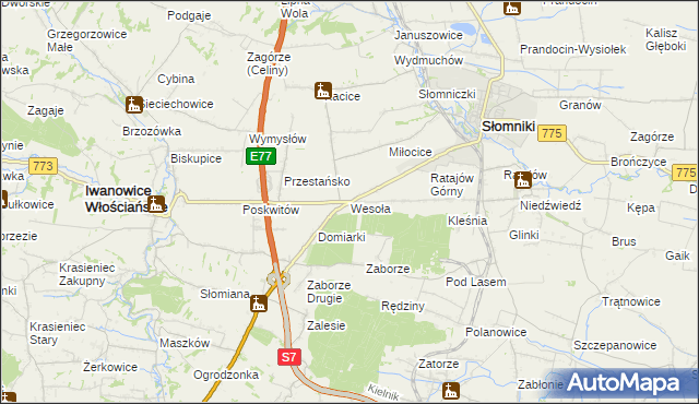 mapa Wesoła gmina Słomniki, Wesoła gmina Słomniki na mapie Targeo