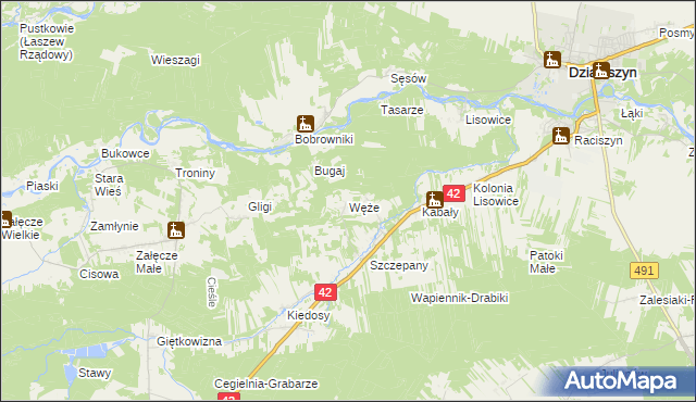 mapa Węże gmina Działoszyn, Węże gmina Działoszyn na mapie Targeo