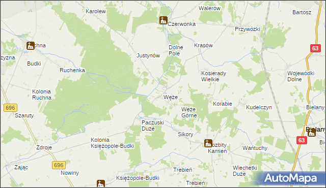 mapa Węże gmina Sokołów Podlaski, Węże gmina Sokołów Podlaski na mapie Targeo
