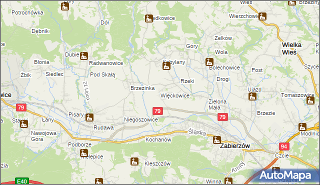 mapa Więckowice gmina Zabierzów, Więckowice gmina Zabierzów na mapie Targeo