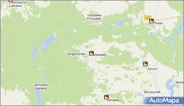 mapa Wielowieś gmina Sulęcin, Wielowieś gmina Sulęcin na mapie Targeo