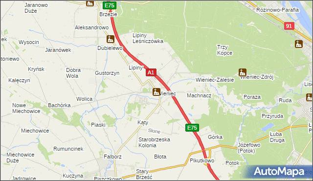 mapa Wieniec gmina Brześć Kujawski, Wieniec gmina Brześć Kujawski na mapie Targeo