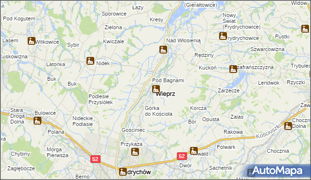 mapa Wieprz powiat wadowicki, Wieprz powiat wadowicki na mapie Targeo