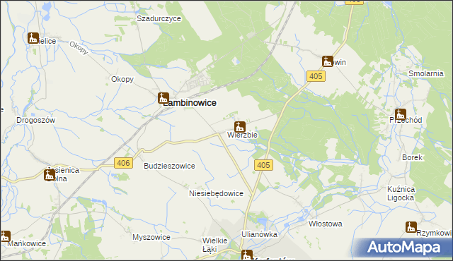 mapa Wierzbie gmina Łambinowice, Wierzbie gmina Łambinowice na mapie Targeo