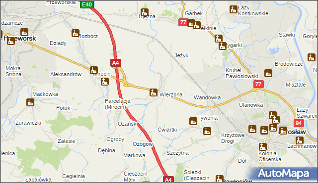 mapa Wierzbna gmina Pawłosiów, Wierzbna gmina Pawłosiów na mapie Targeo