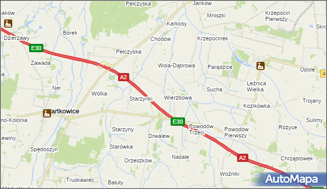 mapa Wierzbowa gmina Wartkowice, Wierzbowa gmina Wartkowice na mapie Targeo